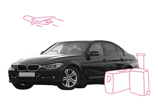 Versichern Sie Ihren 1er BMW oder einen X3 SUV mit unserer Autoversicherung gut und günstig. Um eine BMW-Limousine steht Gepäck & im Hintergrund startet ein Flugzeug.