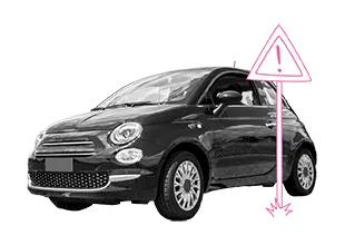 Hier ist Ihr Auto der Marke Fiat in guten Händen: Unsere Kfz-Versicherung schütz viele Modelle – egal ob Fiat Punto oder Cabrio. Hinter einem Fiat 500 steht ein Verkehrsschild mit Ausrufezeichen.